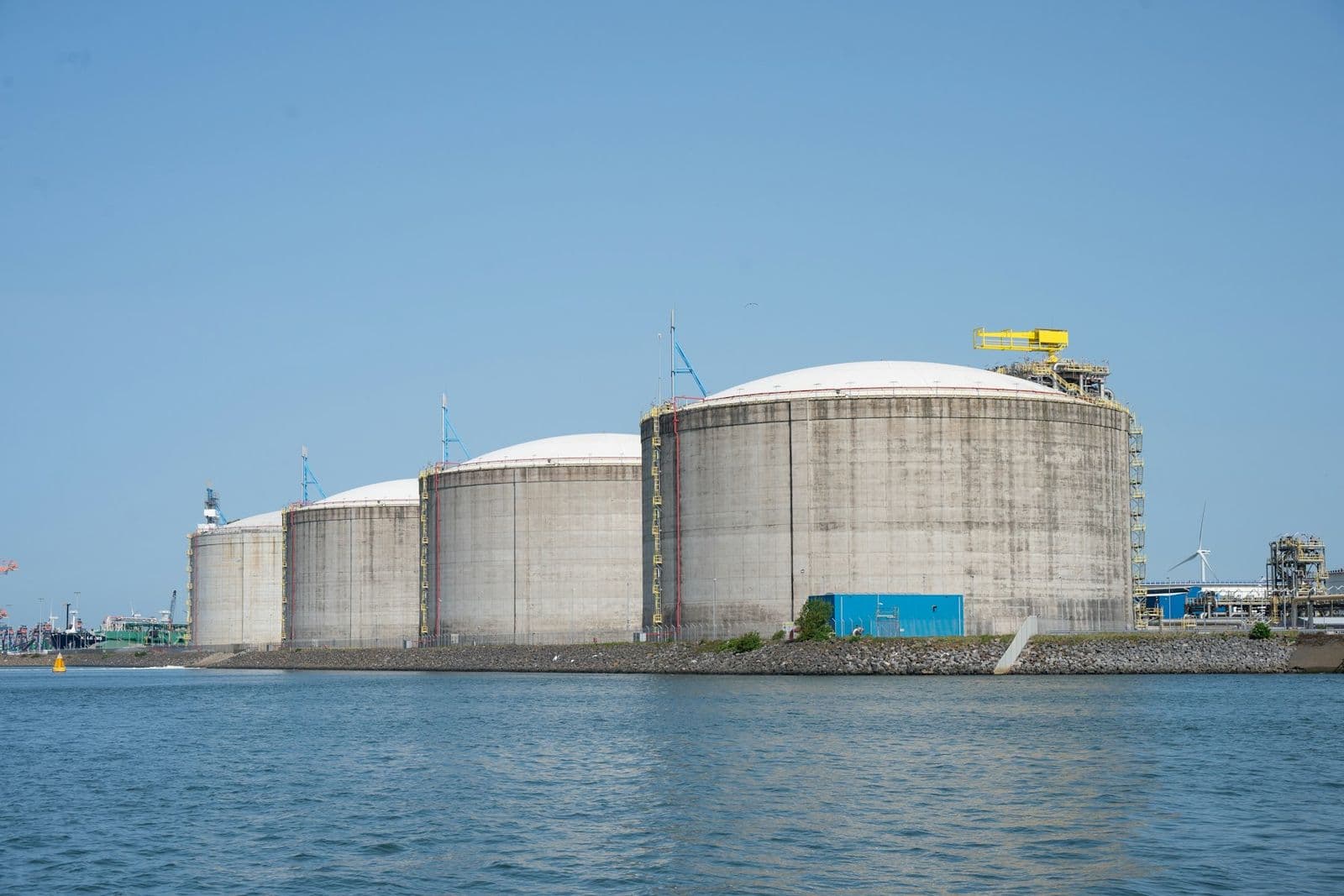 Fuel storage tanks at a waterside terminal